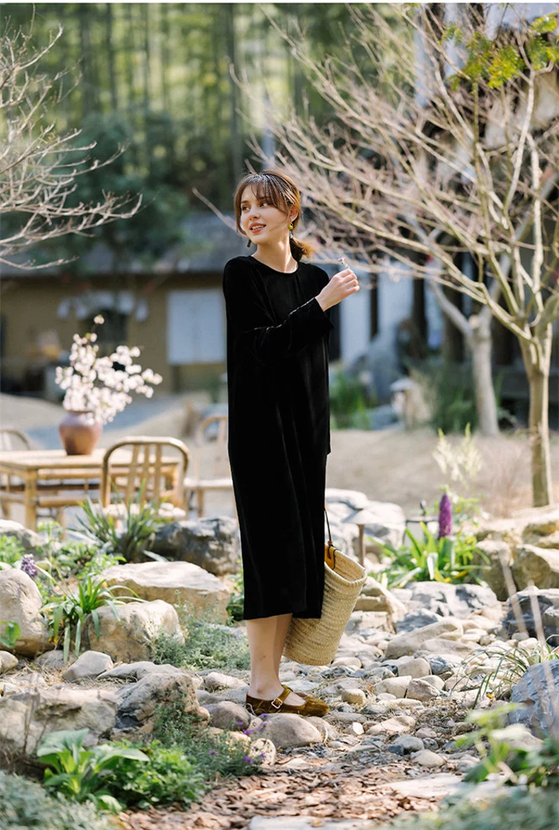 Evening Dress Velvet Dress Round Neck Long Sleeves Casual Dress Plus size Formal Dresses Wedding Guest Dress