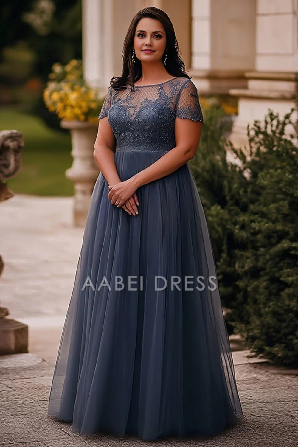 AABEI DRESS Mother Of The Bride Dress A Line Plus Size Tulle Lace Short Sleeve Long Retro Formal Wear Dresse