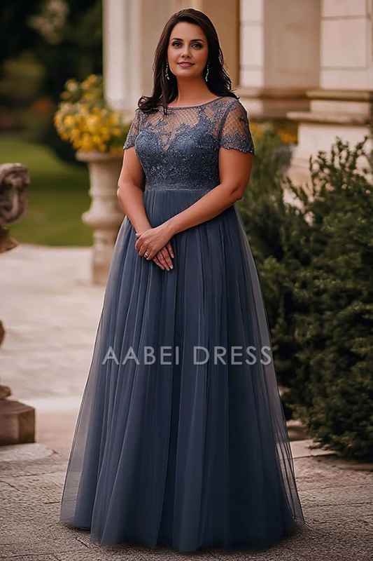 AABEI DRESS Mother Of The Bride Dress A Line Plus Size Tulle Lace Short Sleeve Long Retro Formal Wear Dresse