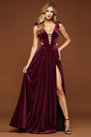 Purple Velvet Party Dress A Line Deep V-Neck Sleeveless Hollow-Out Backless with Slit Ruched Hem Charming Long Hot Sale Prom Dresses