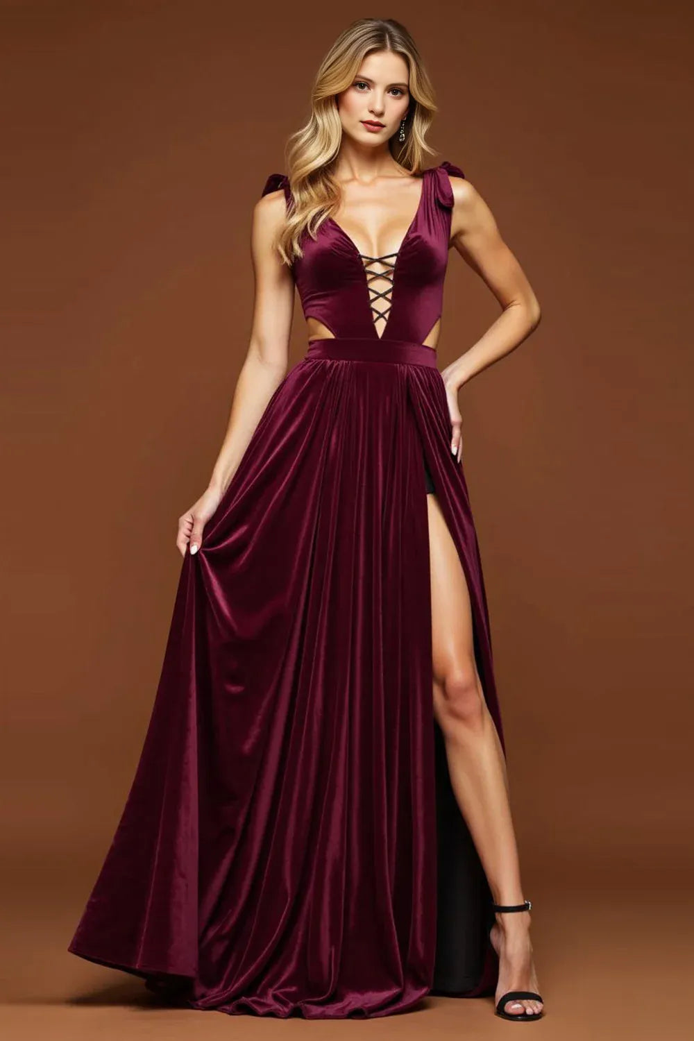Purple Velvet Party Dress A Line Deep V-Neck Sleeveless Hollow-Out Backless with Slit Ruched Hem Charming Long Hot Sale Prom Dresses