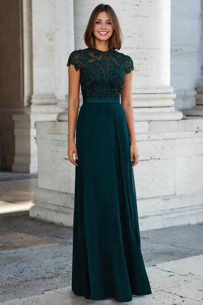 Exquisite Peacock Green A-Line Round Neck Cap Sleeve Chiffon with Beading Lace Long Retro Wedding Guest Dress For Women New Style Mother of the Bride Dress