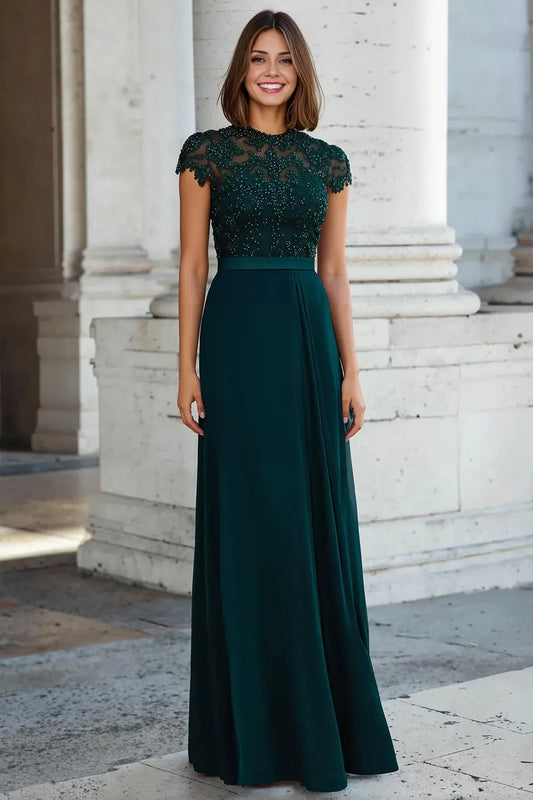 Exquisite Peacock Green A-Line Round Neck Cap Sleeve Chiffon with Beading Lace Long Retro Wedding Guest Dress For Women New Style Mother of the Bride Dress
