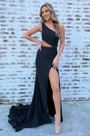Evening Dress One Shoulder Cut Out Sweep Train Prom Dress Side Fork Sexy Unique Formal Women's Dresses
