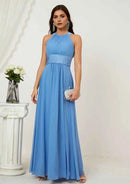 Simple Blue Chiffon A-line Halter Pleated-Waist Sleeveless Ruched Affordable Floor-Length Bridesmaid Dress