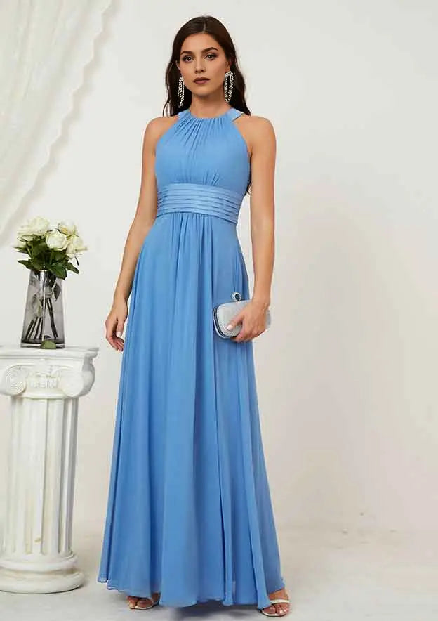 Simple Blue Chiffon A-line Halter Pleated-Waist Sleeveless Ruched Affordable Floor-Length Bridesmaid Dress