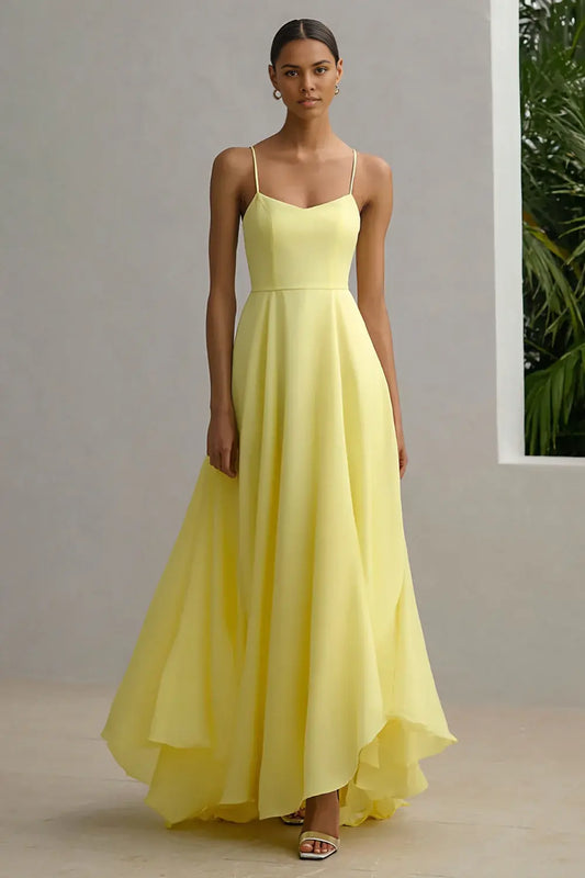 Chic Prom Dress Daffodil A-Line Spaghetti Straps V Neck Sleeveless Irregular Ruched Hem Bargain Long Wedding Guest Dress