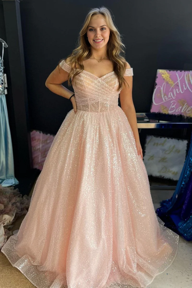 Sparkly Blush A Line Off-the-Shoulder V Neck Pleated Surplice Sparkle Sweet Wedding Guest Dress Long Hot Sale Prom Dresses