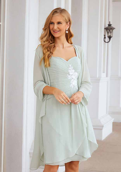 Exquisite Wedding Guest Dresses Mint Green Chiffon A-line Sweetheart Neckline Sleeveless Pleated With Three-Dimensional Flowers Long Sleeves Jacket Two-Piece Knee-Length Bargain Mother of the Bride Dress