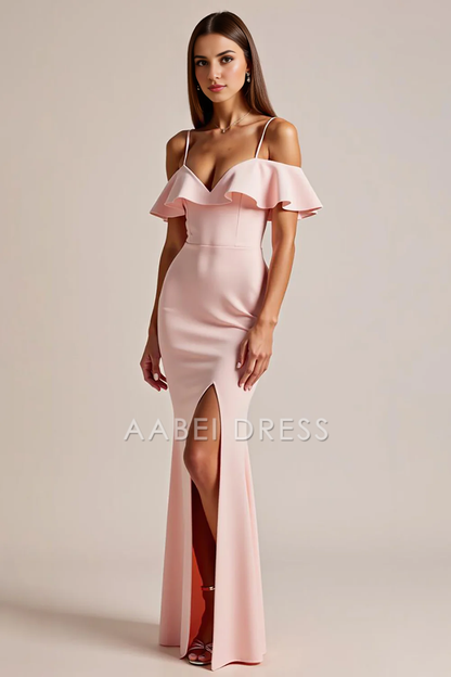 AABEI DRESS Hot Sale Prom Dress Elegant Spaghetti Strap Cold Shoulder Ruffled Fashion Long With Slit Formal Dress