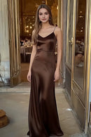 Coffee Simple Sheath Satin Spaghetti Straps V Neck Sleeveless Long Formal Dress Hot Sale Evening Dresses