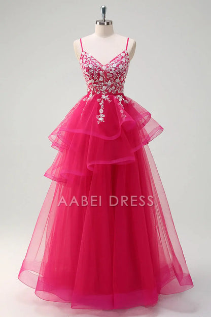 AABEI DRESS Hot Sale Prom Dress Gorgeous A-Line V Neck Spaghetti Strap Tiered Long Sequins Appliqued Long Party Dress