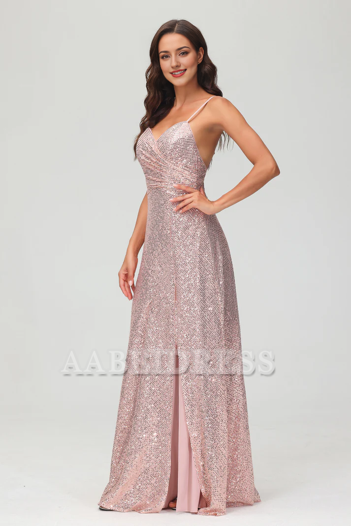 Evening Dress Sweetheart Spaghetti Straps Sequins Sheath Backless Long Dress Side Fork Floor-Length Charming Formal Women's Dresses Wedding Guest Dresses
