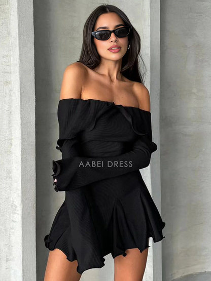 AABEI DRESS New Homecoming Dress Off Shoulder Long Bell Sleeves Ruffles Mini Dress Sexy Elegant Party Dress