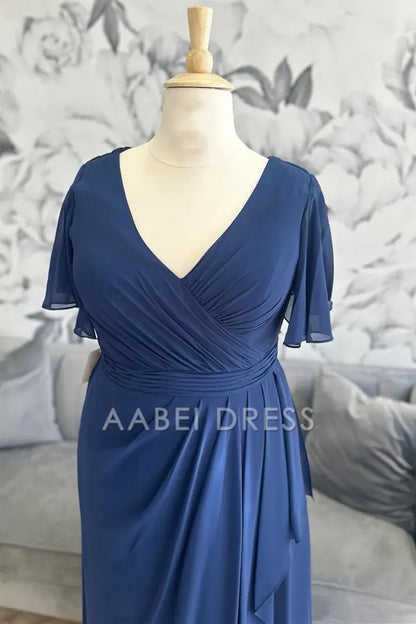 AABEI DRESS High Quality Mother of The Bride Dress Chiffon V Neck Flutter Sleeves Surplice Ruffle Long Elegant Dress Formal Dress