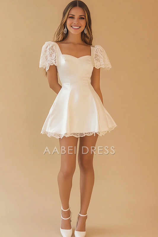 AABEI DRESS Hot Sale Homecoming Dress A Line Sweetheart Lace Short Sleeves Cute Mini Graduation Dress