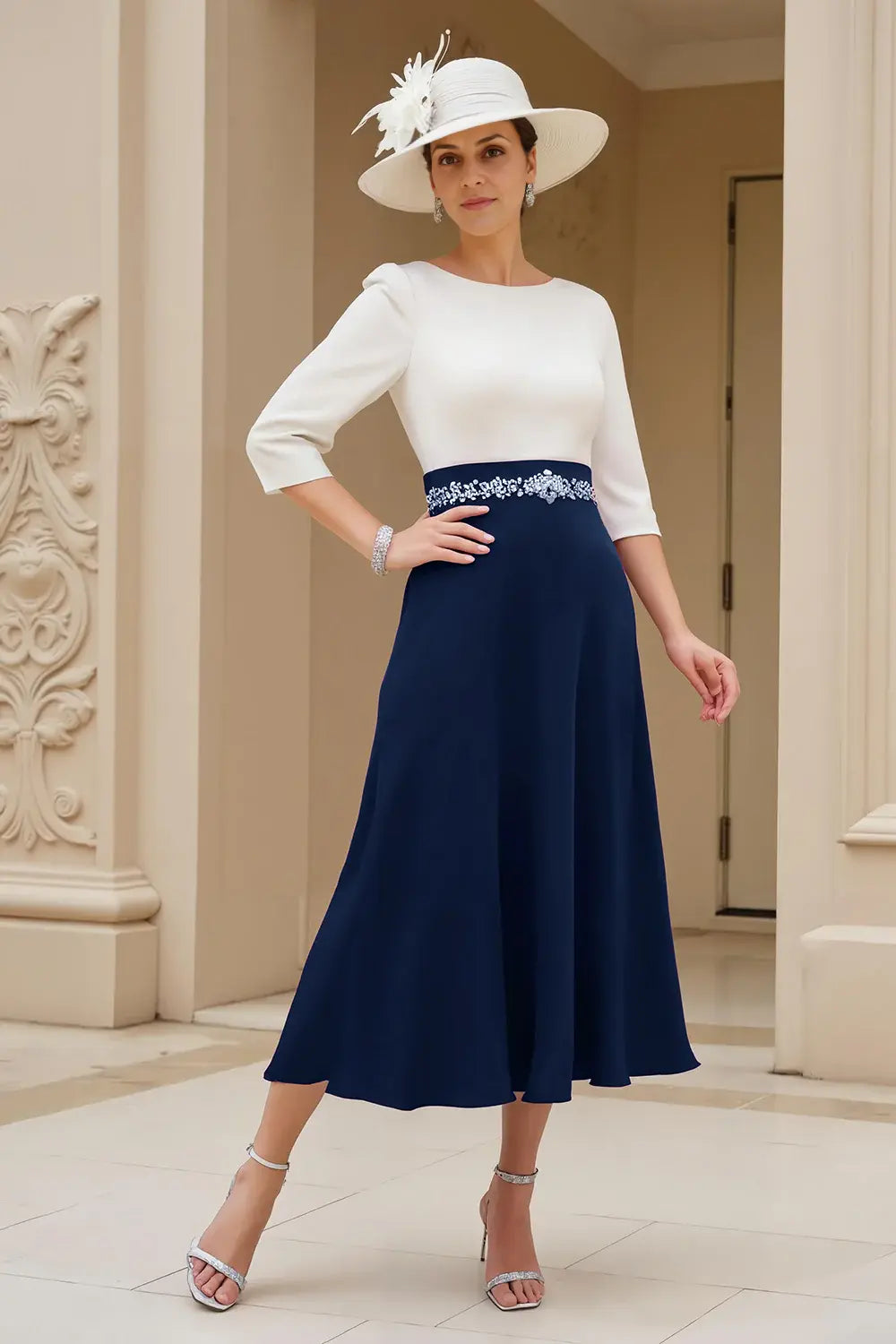 Black White Chiffon A Line Boat Neck 3/4 Long Sleeve Waist Bead String Exquisite Midi Wedding Guest Dress Hot Sale Mother of the Bride Dresses