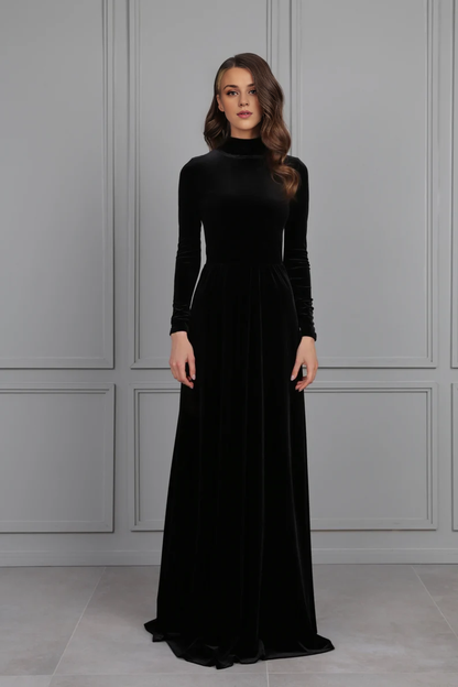 Evening Dress Velvet Dress Mock Neck Open Round Back Long Sleeves Longuette Formal Dresses Wedding Guest Dress