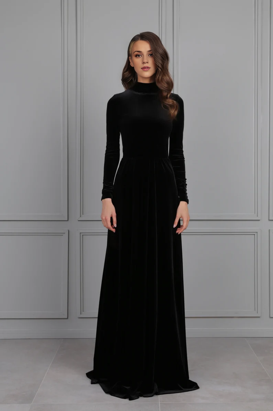 Evening Dress Velvet Dress Mock Neck Open Round Back Long Sleeves Longuette Formal Dresses Wedding Guest Dress