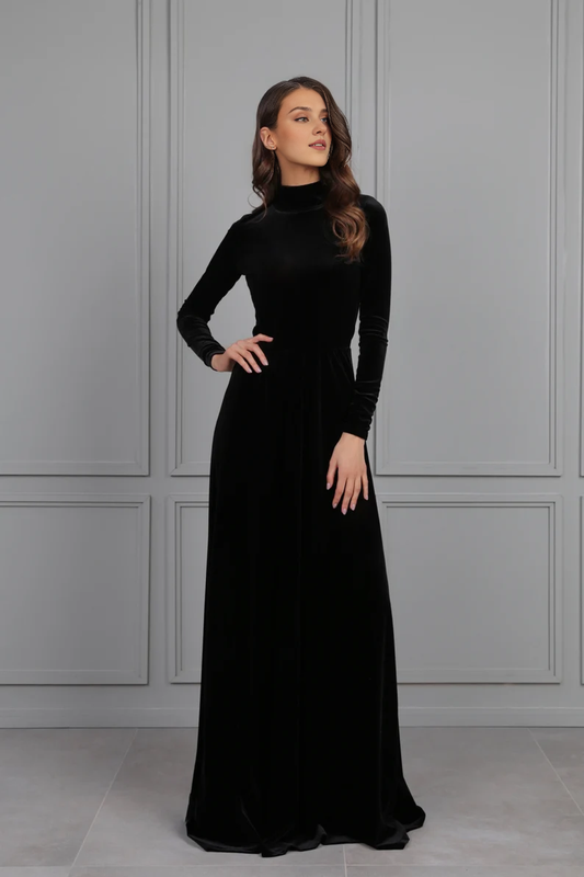 Evening Dress Velvet Dress Mock Neck Open Round Back Long Sleeves Longuette Formal Dresses Wedding Guest Dress