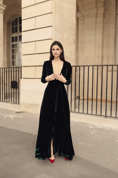 Evening Dress Velvet Dress Wrap Dress Deep V Neck Long Sleeves Formal Dresses Wedding Guest Dress