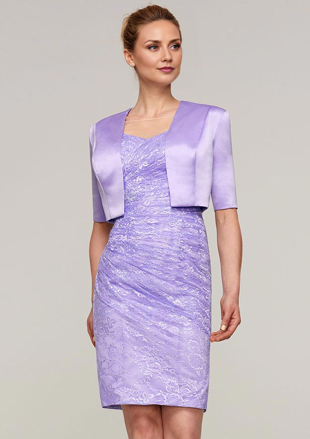 Classic Wedding Guest Dresses Sheath/Column Boat Neck Short Sleeve Lace With Jacket Two-Piece Knee-Length Bargain Mother of the Bride Dress