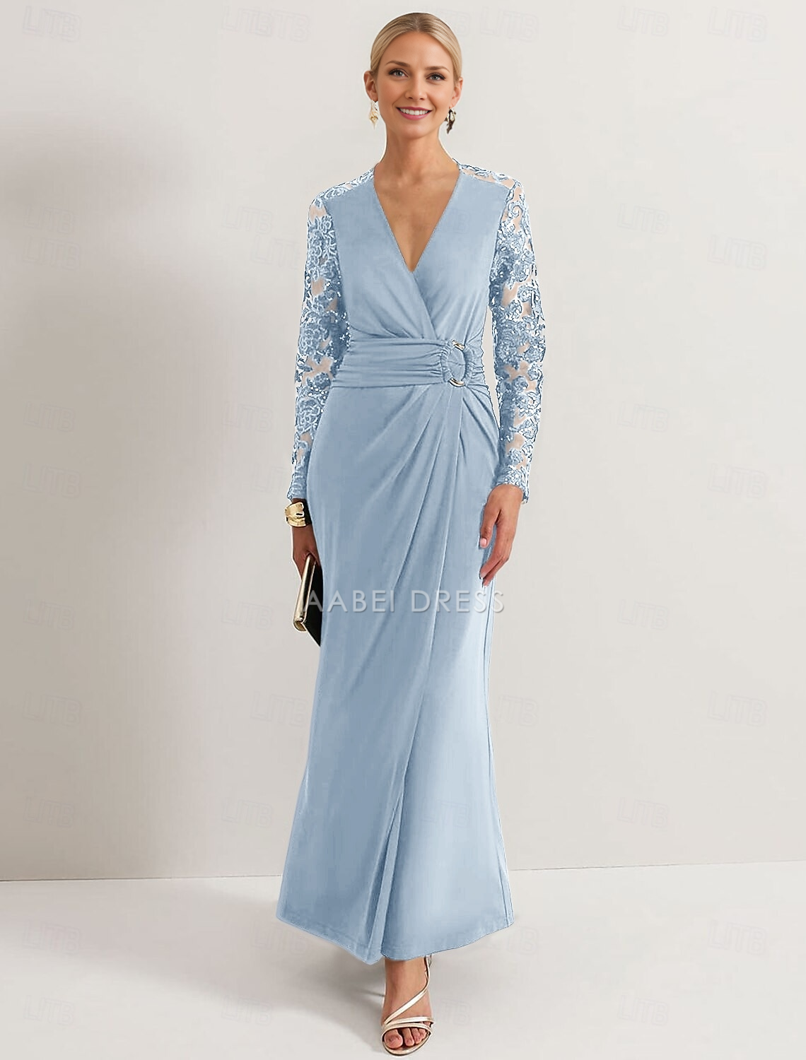 AABEI DRESS Wedding Guest Dress Elegant Sheath V Neck Ankle Length Long Sleeve with Lace Pleats Mother of the Bride Dress