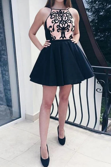 AABEI DRESS New Homecoming Dress A-Line Bateau Appliques Spaghetti Strap Sleeveless Retro Short Prom Dress