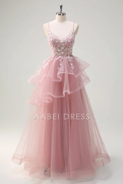 AABEI DRESS Hot Sale Prom Dress Gorgeous A-Line V Neck Spaghetti Strap Tiered Long Sequins Appliqued Long Party Dress