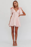 Sweet A Line V Neck Tied Shoulder Sleeveless Jacquard Blush Backless Cute Mini Dress Hot Sale Homecoming Dress