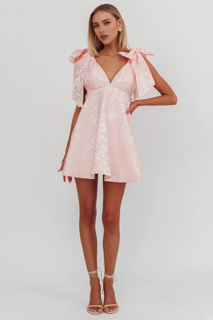 Sweet A Line V Neck Tied Shoulder Sleeveless Jacquard Blush Backless Cute Mini Dress Hot Sale Homecoming Dress