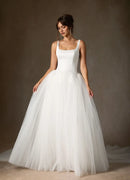 Elegant White A-Line Square Neck Sleeveless Satin Tulle Splicing Backless Hot Sale Wedding Dress