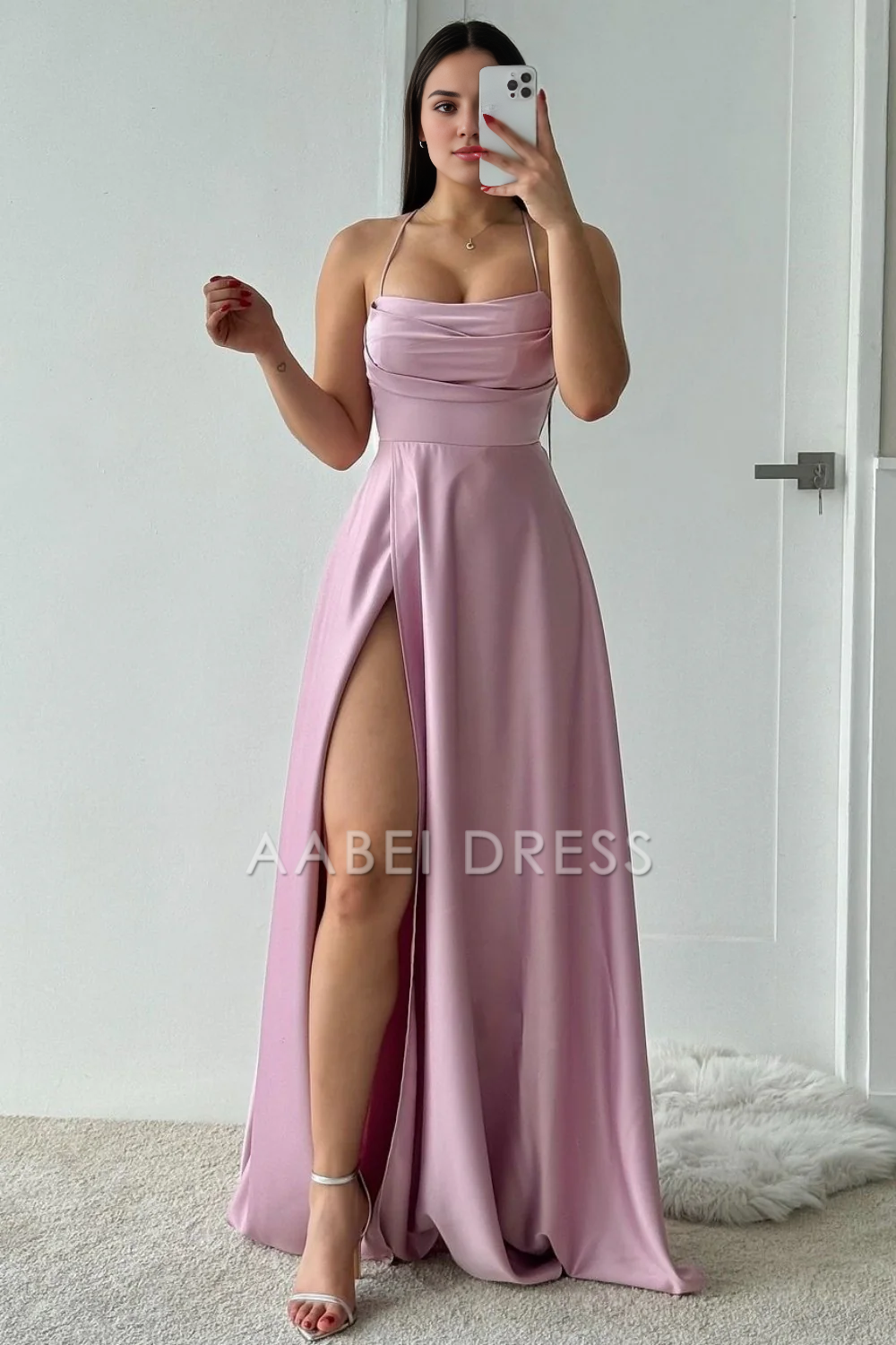 AABEI DRESS Hot Sale Prom Dress Chic A-Line Spaghetti Straps Lace Up Long Satin Simple Formal Dress