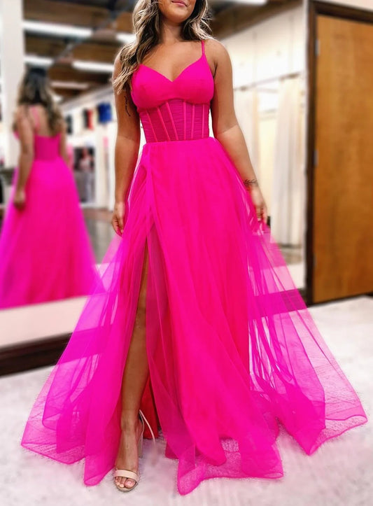 Evening Dress A-Line V-Neck Sheer Bodice Tulle Long Romantic Prom Dress Side Fork Youthful Elegant Formal Women's Dresses