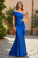 Wedding Guest Dress Royal Blue Satin Charming Mermaid One Shoulder Sleeveless Pleated Hot Sale Long Mother of the Bride Dress