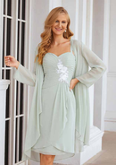 Exquisite Wedding Guest Dresses Mint Green Chiffon A-line Sweetheart Neckline Sleeveless Pleated With Three-Dimensional Flowers Long Sleeves Jacket Two-Piece Knee-Length Bargain Mother of the Bride Dress