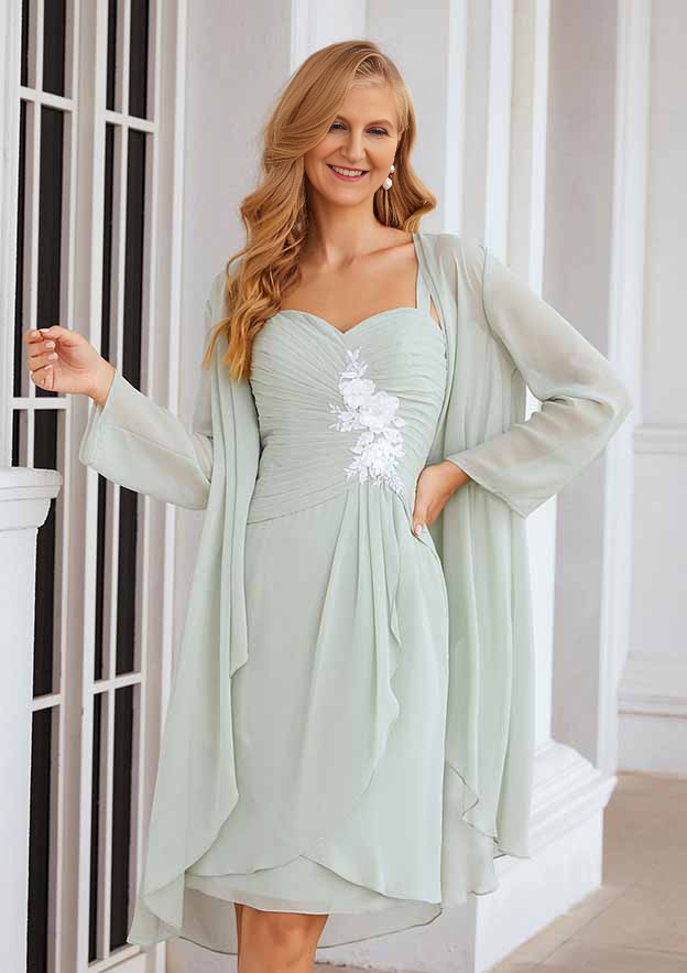 Exquisite Wedding Guest Dresses Mint Green Chiffon A-line Sweetheart Neckline Sleeveless Pleated With Three-Dimensional Flowers Long Sleeves Jacket Two-Piece Knee-Length Bargain Mother of the Bride Dress