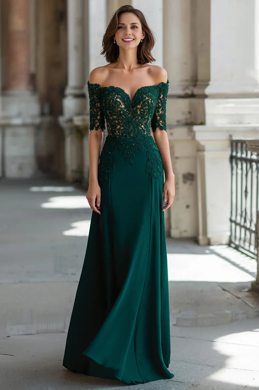 Dark Green A Line Off the Shoulder Sweetheart Neckline Half Sleeve Chiffon with Beadwork Lace Applique Backless Retro Long Wedding Guest Dress For Women New Style Mother of the Bride Dress