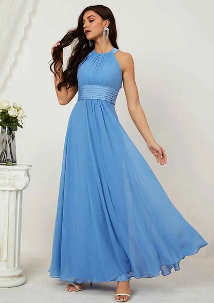Simple Blue Chiffon A-line Halter Pleated-Waist Sleeveless Ruched Affordable Floor-Length Bridesmaid Dress