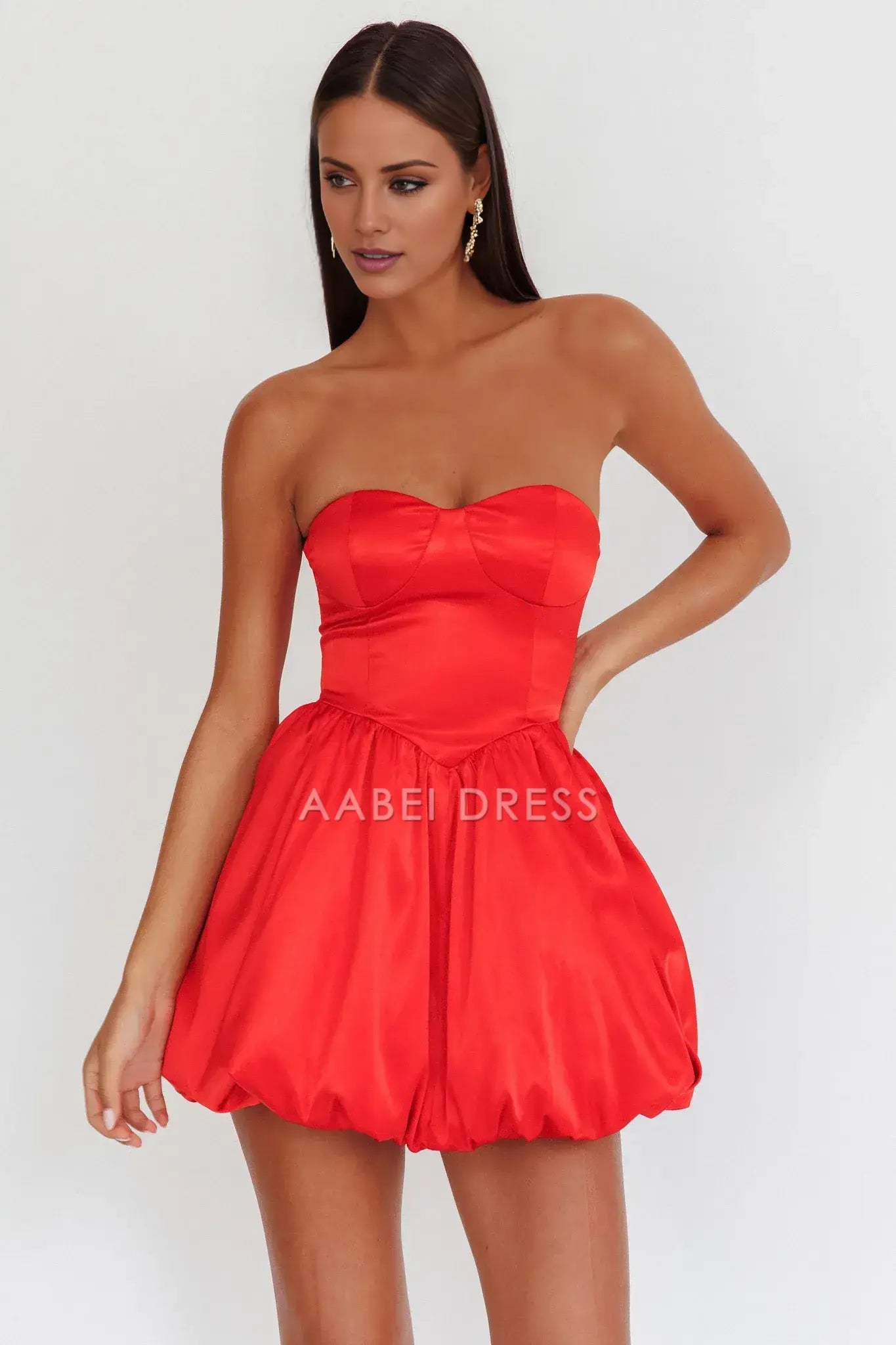 A Line Strapless Sweetheart Neckline Cute Balloon Skirt Backless Red Mini Dress Hot Sale Homecoming Dress