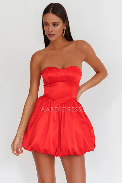 A Line Strapless Sweetheart Neckline Cute Balloon Skirt Backless Red Mini Dress Hot Sale Homecoming Dress