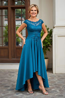 Elegant Peacock Blue Chiffon A Line Boat Collar Asymmetrical Ruched Hem with Lace Applique Retro Wedding Guest Dress Hot Sale Mother of the Bride Dresses