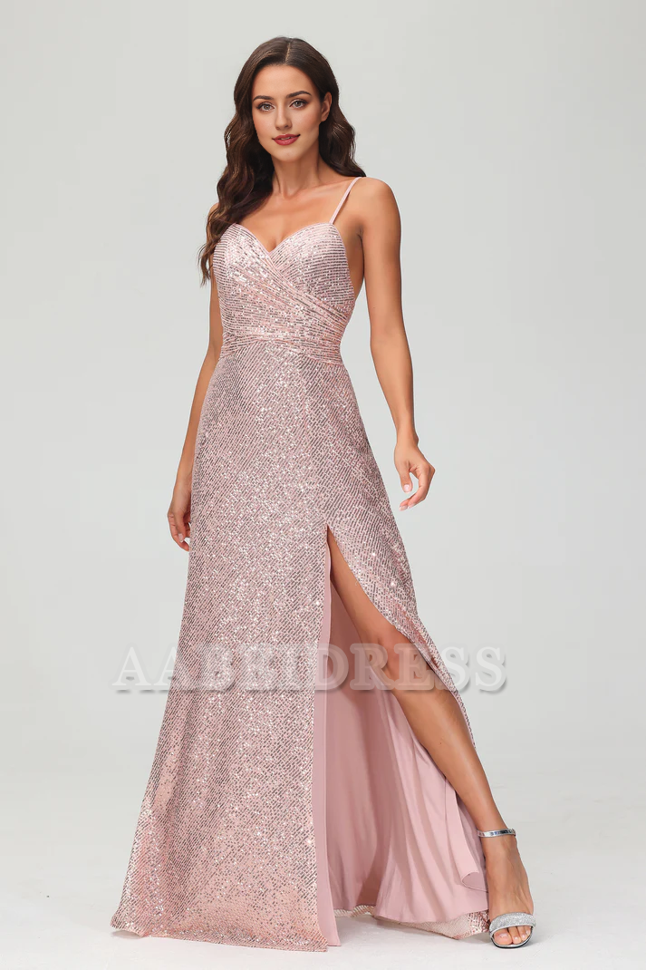 Evening Dress Sweetheart Spaghetti Straps Sequins Sheath Backless Long Dress Side Fork Floor-Length Charming Formal Women's Dresses Wedding Guest Dresses