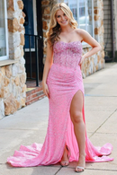 Pink Sequins Mermaid Strapless Sweetheart Neckline With Split Sparkle Charming Wedding Guest Dress Long Hot Sale Prom Dresses