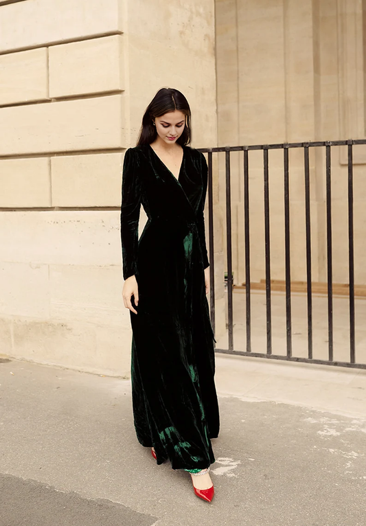 Evening Dress Velvet Dress Wrap Dress Deep V Neck Long Sleeves Formal Dresses Wedding Guest Dress
