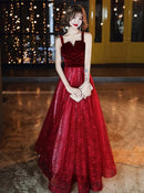 Burgundy Velvet Bodice A Line Prom Dress Spaghetti Straps Lace Tulle Skirt