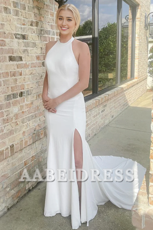AABEI DRESS Elegant Simple Wedding Dress Off Shoulder Halter Mermaid Long with Slit Formal Dresses