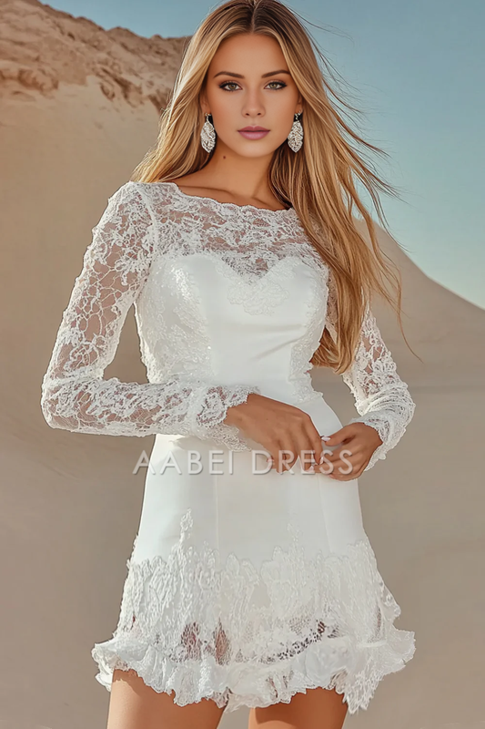 AABEI DRESS Hot Sale Homecoming Dress A Line Lace Boat Neck Long Sleeves Exquisite short Graduation Dress