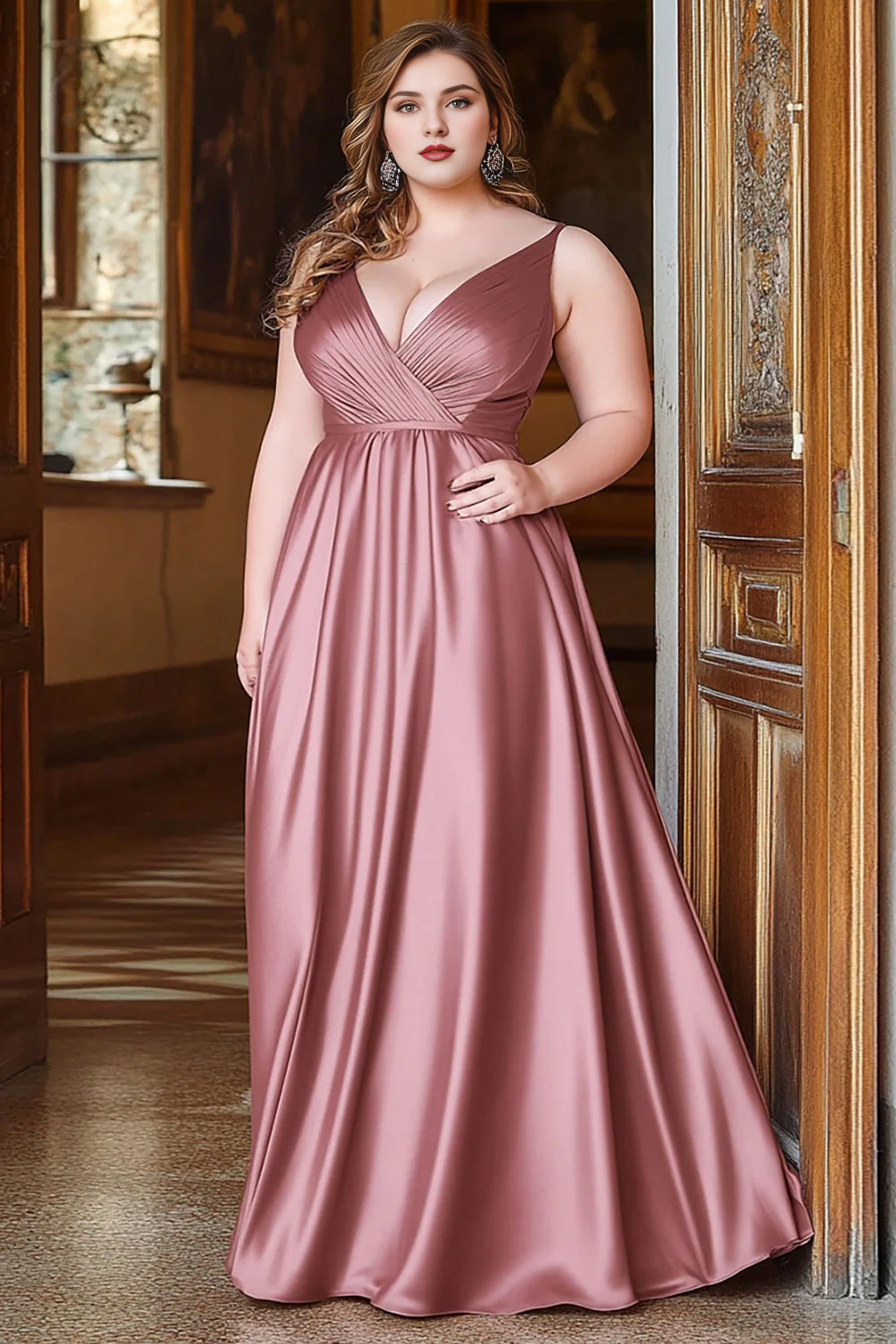 AABEI DRESS Hot Sale Prom Dress A Line Deep V-Neck Pleated Satin Long Elegant Formal Dress