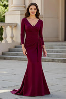 Wedding Guest Dress Burgundy Satin Charming Mermaid V-Neck Long Sleeves Pleated Beadwork Elegant Hot Sale Long Mother of the Bride Dress